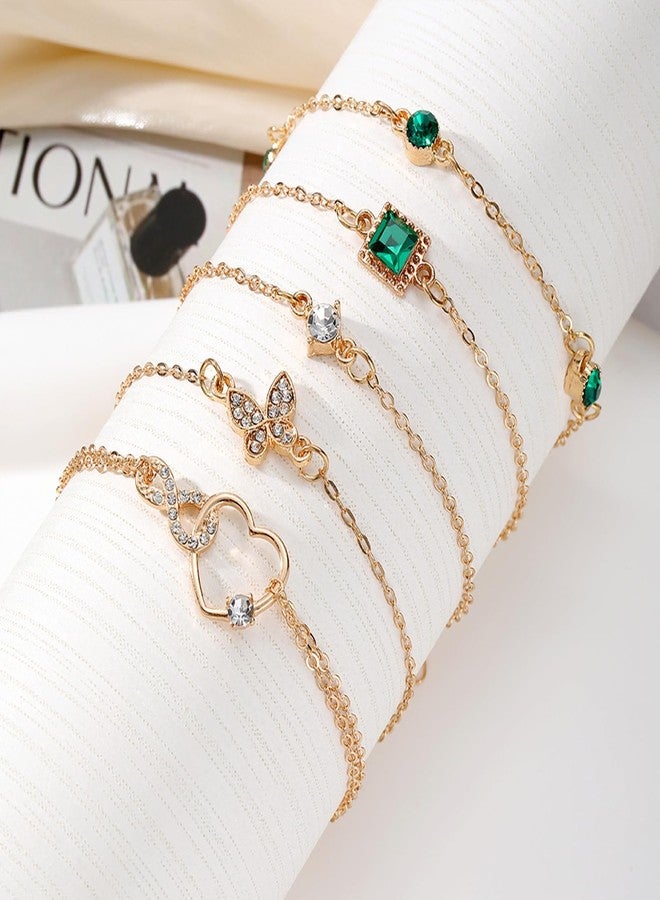 IFKM Gold Bracelets For Women, 14k Gold Plated Layeard Jewelry Bangle Bracelet Set, Trendy Thin Dainty Emerald Rhinestone Stackable Link Chain Fashion Accessories Gifts (Butterfly heart) - Image 4